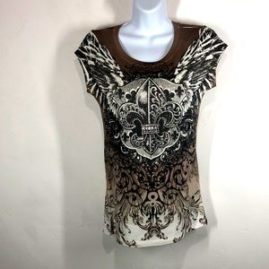 Sara Mode brown sparkle fleur de lis top size medium